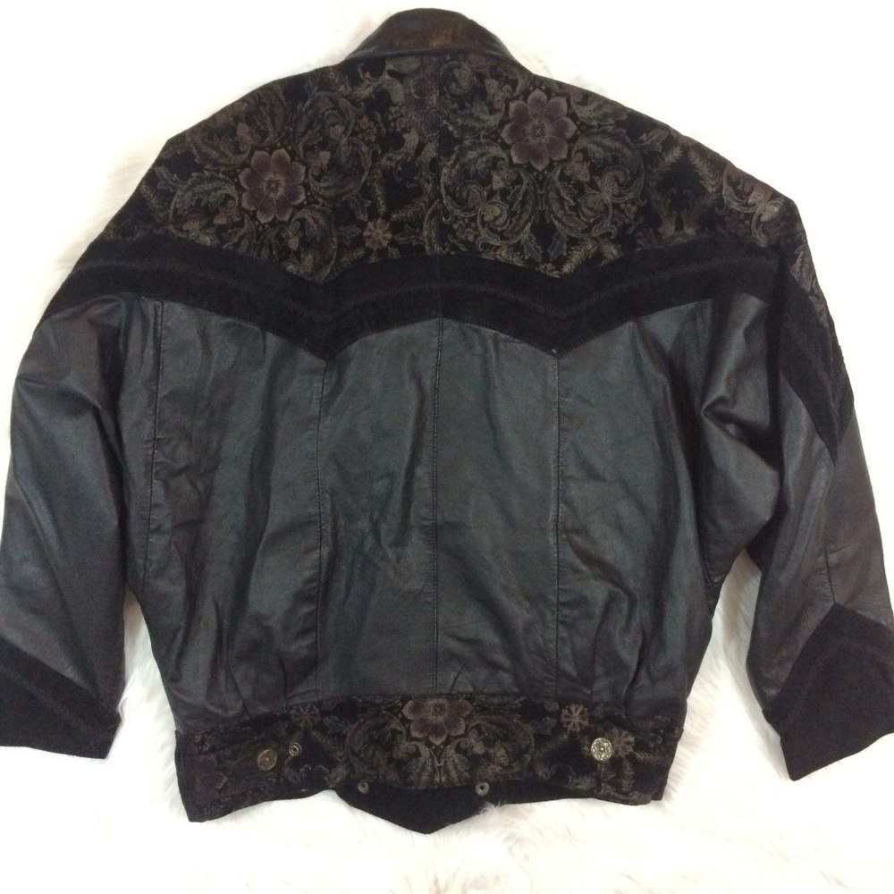 Vintage 80's Black Cropped Leather Jacket Floral - Picture 2 of 8